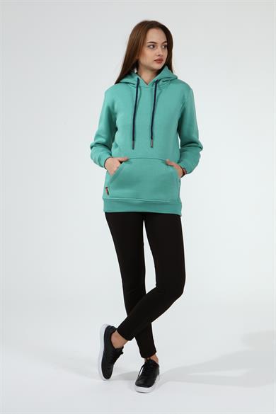 Çağla Renk Relaxed Kadın Kapüşonlu Cepli Sweatshirt