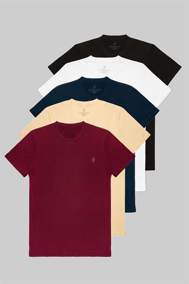 Erkek Bordo Bej Lacivert Beyaz Siyah Regular Fit Bisiklet Yaka %100 Pamuk 5 li Tişört Paketi