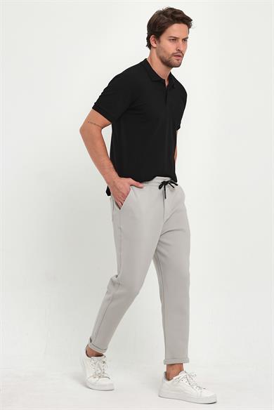 Erkek Gri Duble Paça Standart Kesim Beli Bağlamalı Yan Cepli Jogger Pantolon