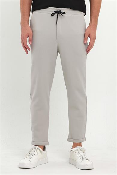 Erkek Gri Duble Paça Standart Kesim Beli Bağlamalı Yan Cepli Jogger Pantolon