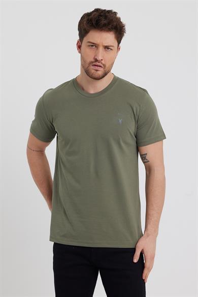 Erkek Haki Renk Regular Fit Bisiklet Yaka %100 Pamuk Kısa Kollu Tişört
