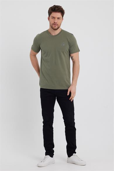 Erkek Haki Renk Regular Fit Bisiklet Yaka %100 Pamuk Kısa Kollu Tişört