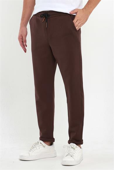 Erkek Kahverengi Duble Paça Standart Kesim Beli Bağlamalı Yan Cepli Jogger Pantolon