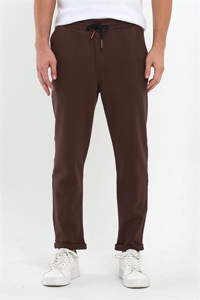 Erkek Kahverengi Duble Paça Standart Kesim Beli Bağlamalı Yan Cepli Jogger Pantolon
