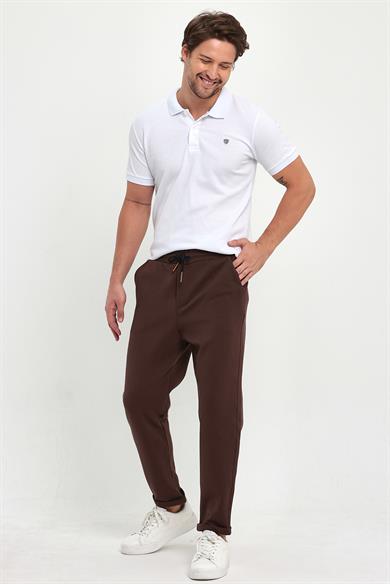 Erkek Kahverengi Duble Paça Standart Kesim Beli Bağlamalı Yan Cepli Jogger Pantolon
