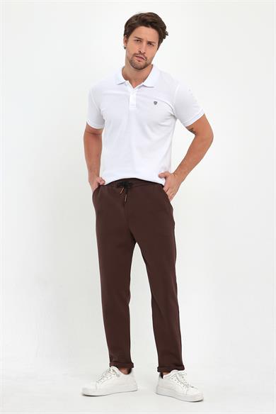 Erkek Kahverengi Duble Paça Standart Kesim Beli Bağlamalı Yan Cepli Jogger Pantolon