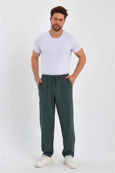 Erkek Koyu Yeşil Relaxed Keten Pantolon