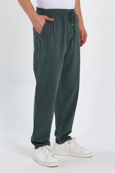 Erkek Koyu Yeşil Relaxed Keten Pantolon