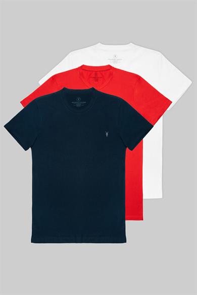 Erkek Lacivert Kırmızı Beyaz %100 Pamuklu Bisiklet Yaka 3-lü T-Shirt Paketi