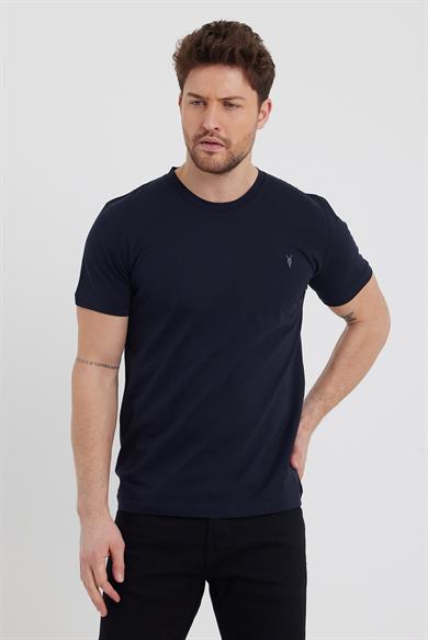 Erkek Lacivert Regular Fit Bisiklet Yaka %100 Pamuk Kısa Kollu Tişört