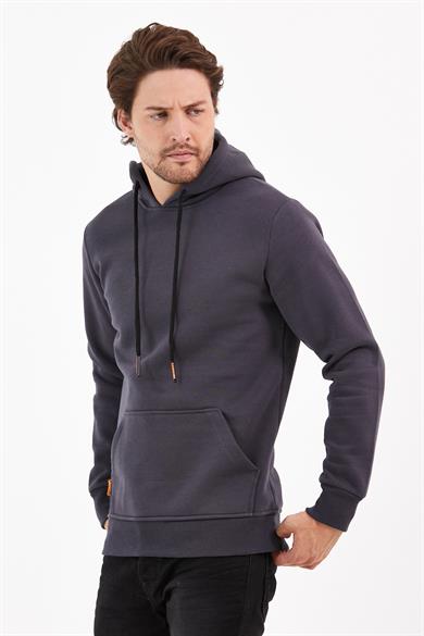 Füme Renk Relaxed Erkek Kapüşonlu Cepli Sweatshirt