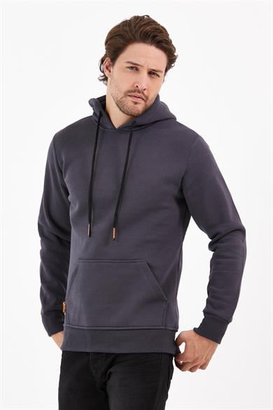 Füme Renk Relaxed Erkek Kapüşonlu Cepli Sweatshirt