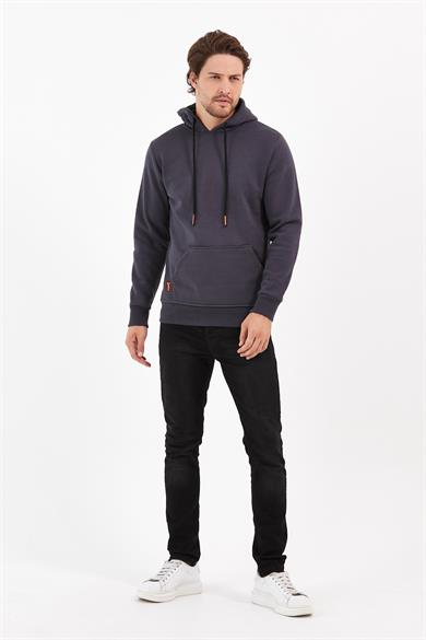 Füme Renk Relaxed Erkek Kapüşonlu Cepli Sweatshirt
