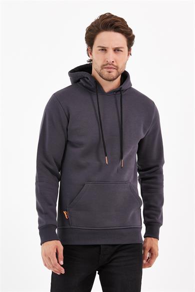 Füme Renk Relaxed Erkek Kapüşonlu Cepli Sweatshirt