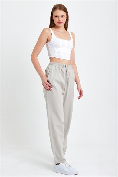 Gri Yüksek Bel Beli Lastikli Keten Pantolon