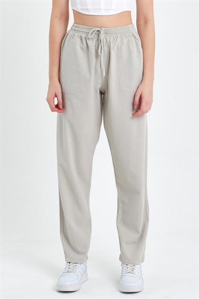 Gri Yüksek Bel Beli Lastikli Keten Pantolon
