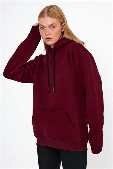 Kadın Bordo Standart Fit Normal Kesim İçi Polarlı Kapüşonlu Kanguru Cepli Pamuklu Sweatshirt