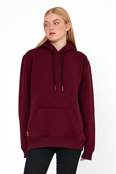Kadın Bordo Standart Fit Normal Kesim İçi Polarlı Kapüşonlu Kanguru Cepli Pamuklu Sweatshirt
