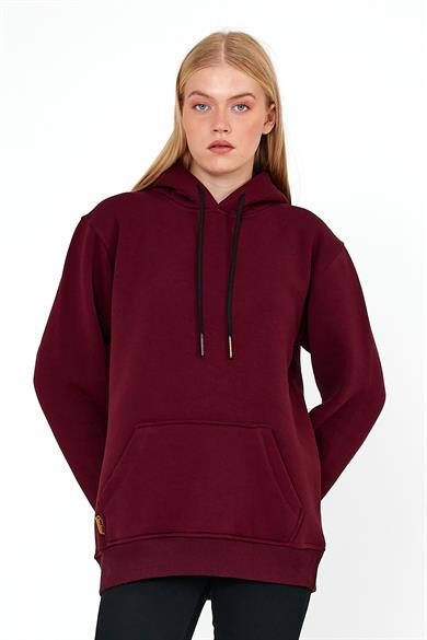 Kadın Bordo Standart Fit Normal Kesim İçi Polarlı Kapüşonlu Kanguru Cepli Pamuklu Sweatshirt