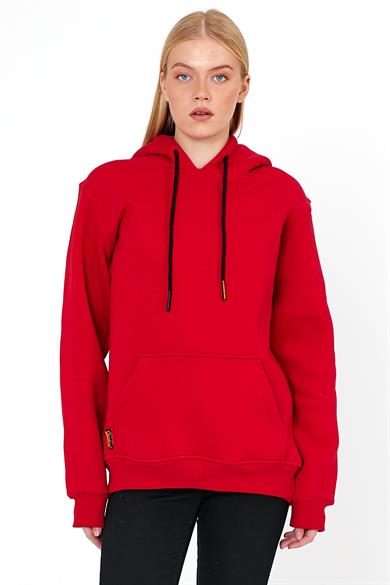 Kadın Kırmızı Standart Fit Normal Kesim İçi Polarlı Kapüşonlu Kanguru Cepli Pamuklu Sweatshirt