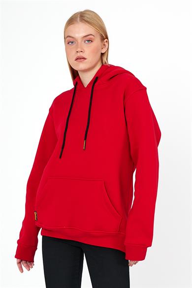 Kadın Kırmızı Standart Fit Normal Kesim İçi Polarlı Kapüşonlu Kanguru Cepli Pamuklu Sweatshirt