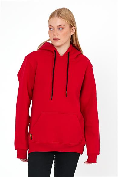Kadın Kırmızı Standart Fit Normal Kesim İçi Polarlı Kapüşonlu Kanguru Cepli Pamuklu Sweatshirt