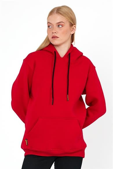 Kadın Kırmızı Standart Fit Normal Kesim İçi Polarlı Kapüşonlu Kanguru Cepli Pamuklu Sweatshirt
