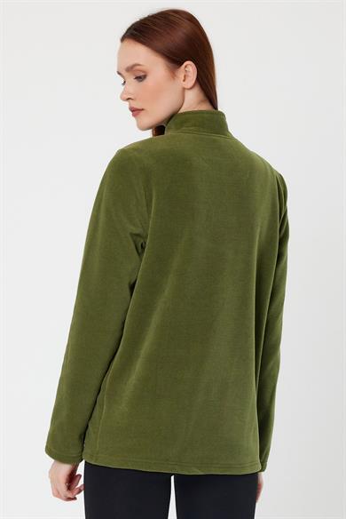 Kadın Polar Haki Renk 3 Cepli Fermuarlı Bato Yaka Outdoor Polar