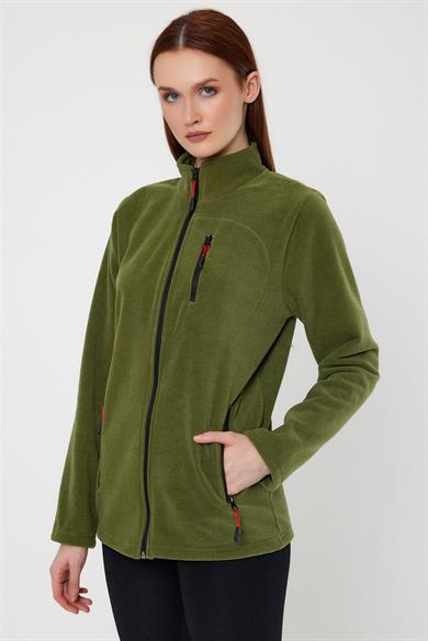 Kadın Polar Haki Renk 3 Cepli Fermuarlı Bato Yaka Outdoor Polar