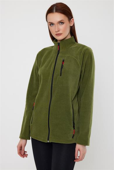 Kadın Polar Haki Renk 3 Cepli Fermuarlı Bato Yaka Outdoor Polar