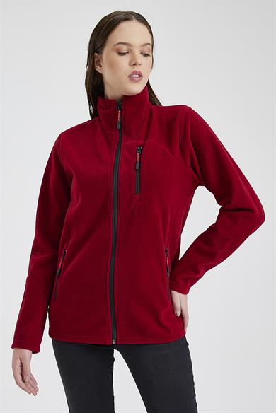 Kadın Polar Kırmızı Renk 3 Cepli Fermuarlı Bato Yaka Outdoor Polar