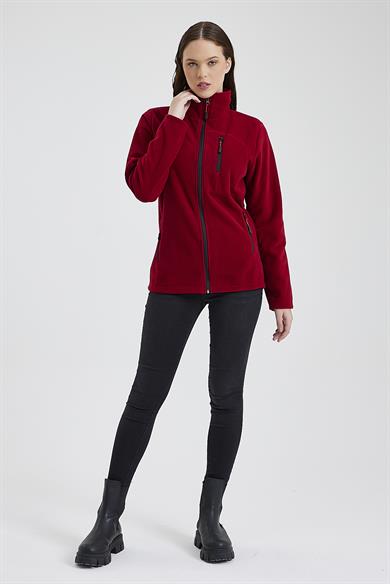 Kadın Polar Kırmızı Renk 3 Cepli Fermuarlı Bato Yaka Outdoor Polar