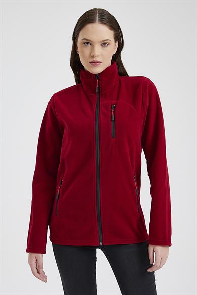 Kadın Polar Kırmızı Renk 3 Cepli Fermuarlı Bato Yaka Outdoor Polar