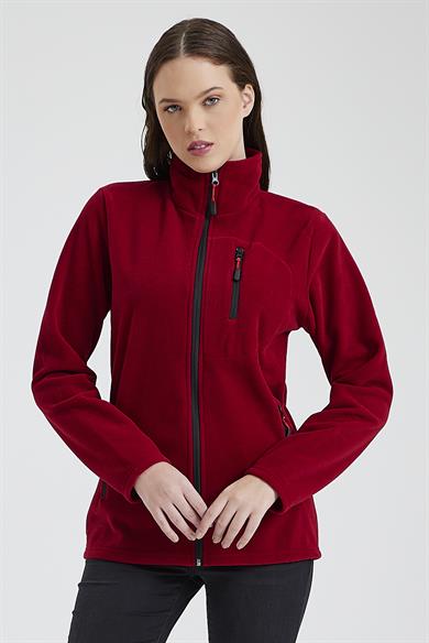 Kadın Polar Kırmızı Renk 3 Cepli Fermuarlı Bato Yaka Outdoor Polar