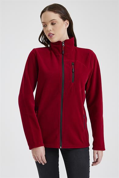 Kadın Polar Kırmızı Renk 3 Cepli Fermuarlı Bato Yaka Outdoor Polar