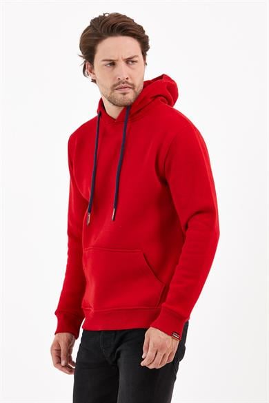 Kırmızı Renk Relaxed Erkek Kapüşonlu Cepli Sweatshirt