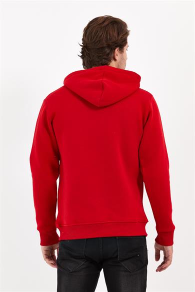 Kırmızı Renk Relaxed Erkek Kapüşonlu Cepli Sweatshirt