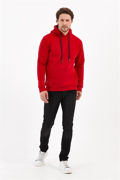 Kırmızı Renk Relaxed Erkek Kapüşonlu Cepli Sweatshirt