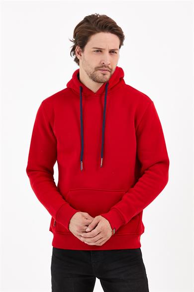 Kırmızı Renk Relaxed Erkek Kapüşonlu Cepli Sweatshirt