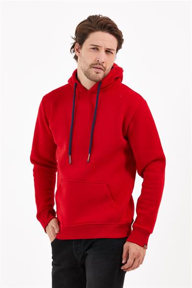 Kırmızı Renk Relaxed Erkek Kapüşonlu Cepli Sweatshirt