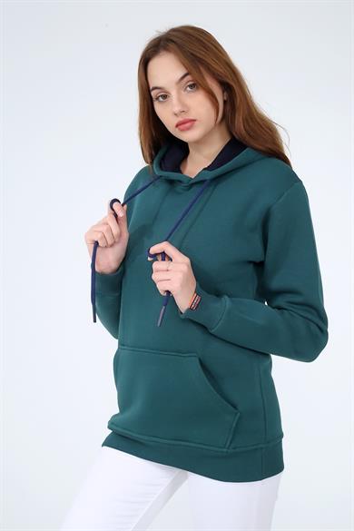 Koyu Yeşil Renk Relaxed Kadın Kapüşonlu Cepli Sweatshirt