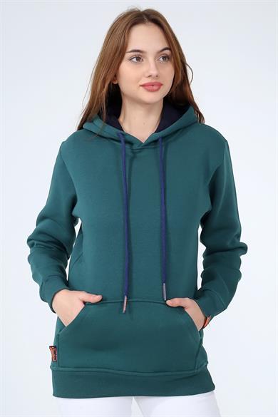 Koyu Yeşil Renk Relaxed Kadın Kapüşonlu Cepli Sweatshirt