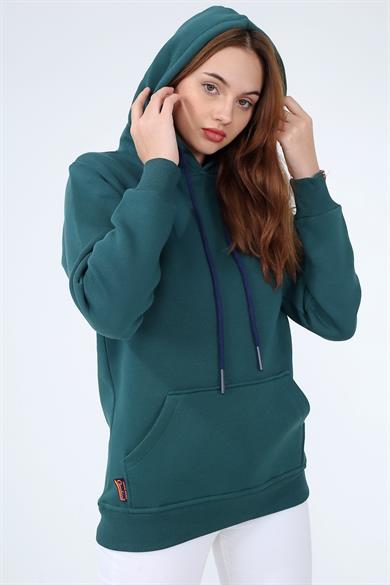 Koyu Yeşil Renk Relaxed Kadın Kapüşonlu Cepli Sweatshirt