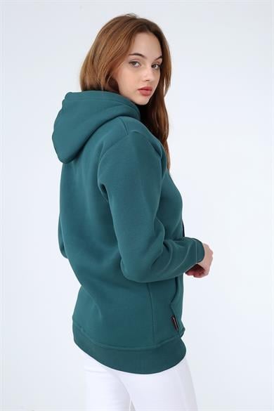 Koyu Yeşil Renk Relaxed Kadın Kapüşonlu Cepli Sweatshirt