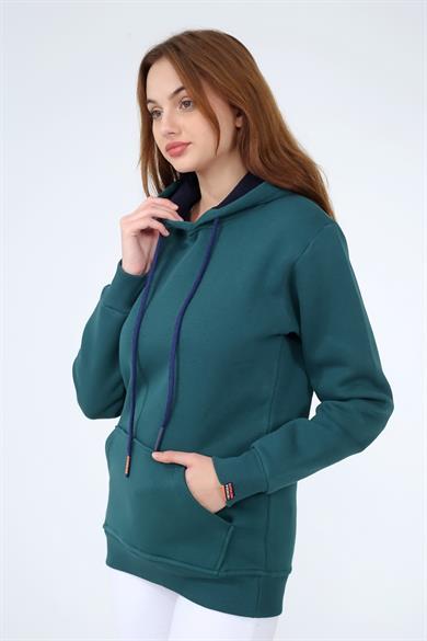 Koyu Yeşil Renk Relaxed Kadın Kapüşonlu Cepli Sweatshirt