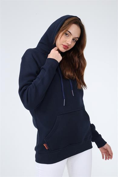 Lacivert Renk Relaxed Kadın Kapüşonlu Cepli Sweatshirt