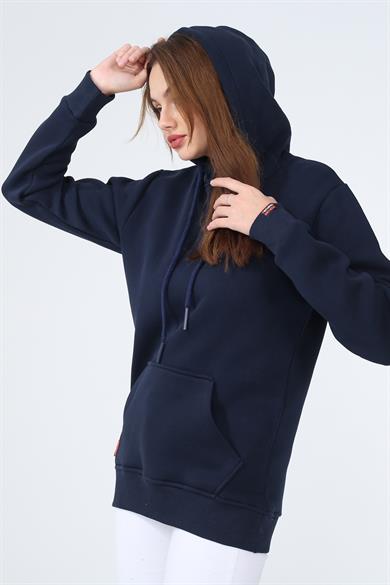 Lacivert Renk Relaxed Kadın Kapüşonlu Cepli Sweatshirt