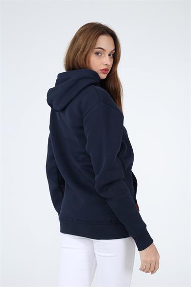 Lacivert Renk Relaxed Kadın Kapüşonlu Cepli Sweatshirt