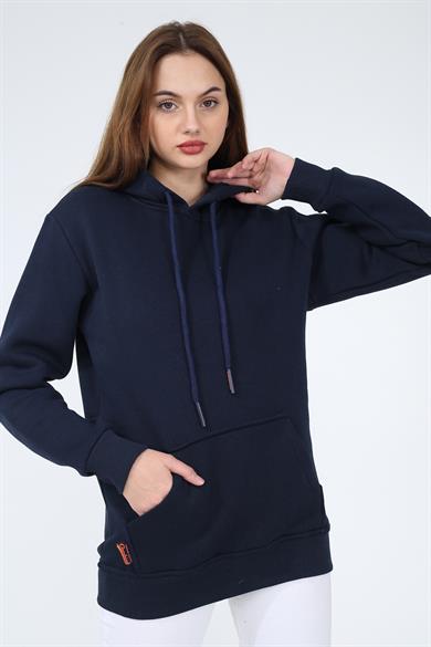 Lacivert Renk Relaxed Kadın Kapüşonlu Cepli Sweatshirt