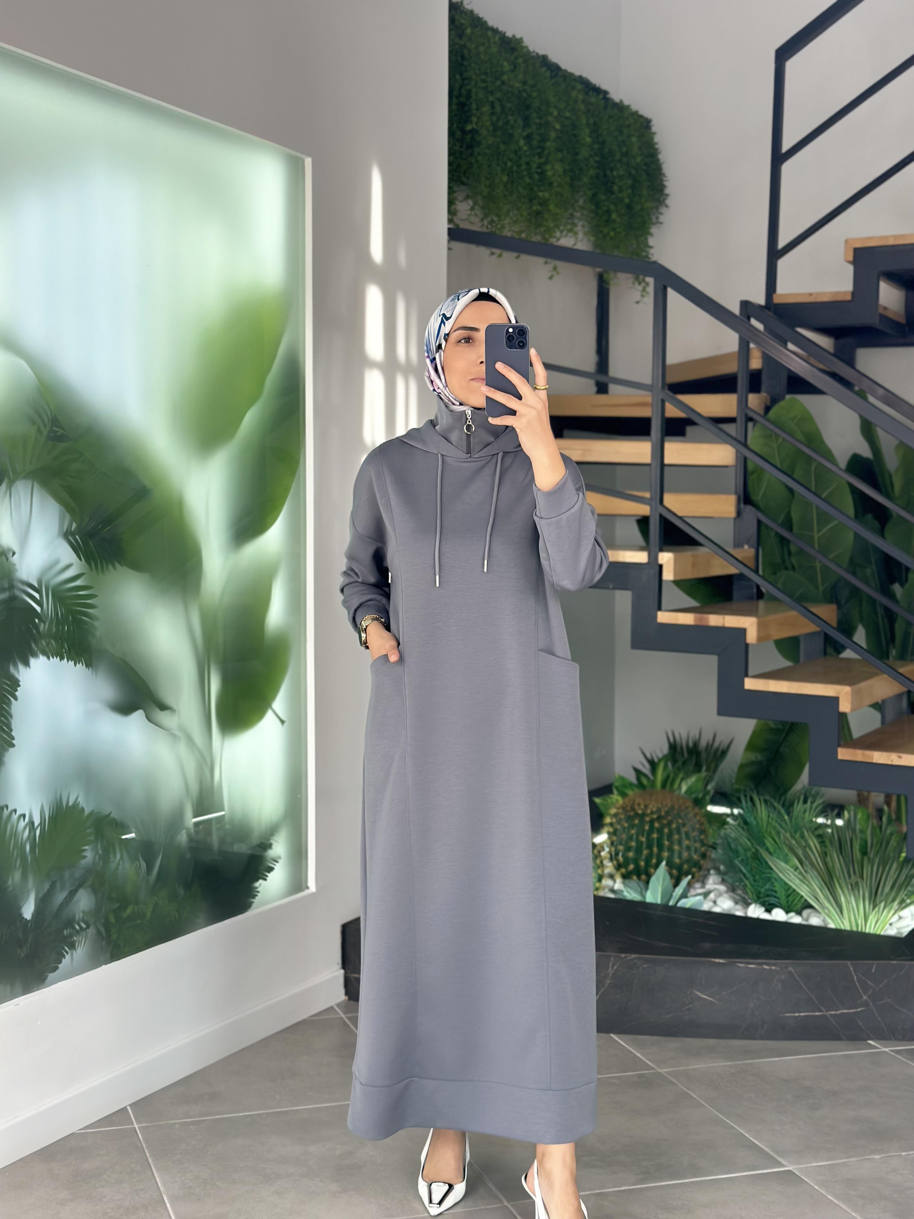 Antrasit Renk  Kapüşonlu Rahat  Elbise